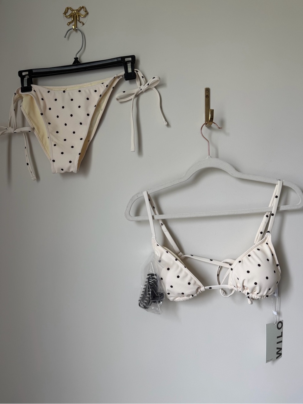 Wilo pale yellow brown Polka Dot Tie-Side Bikini Set with claw clip